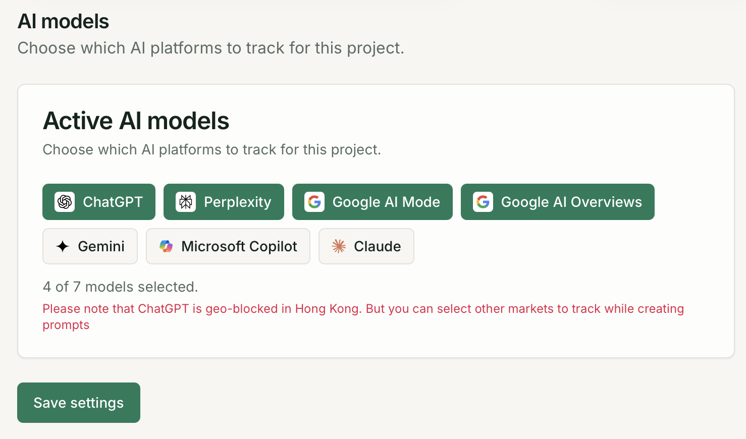 Active AI models toggle section in Project settings with model logos and on/off toggles