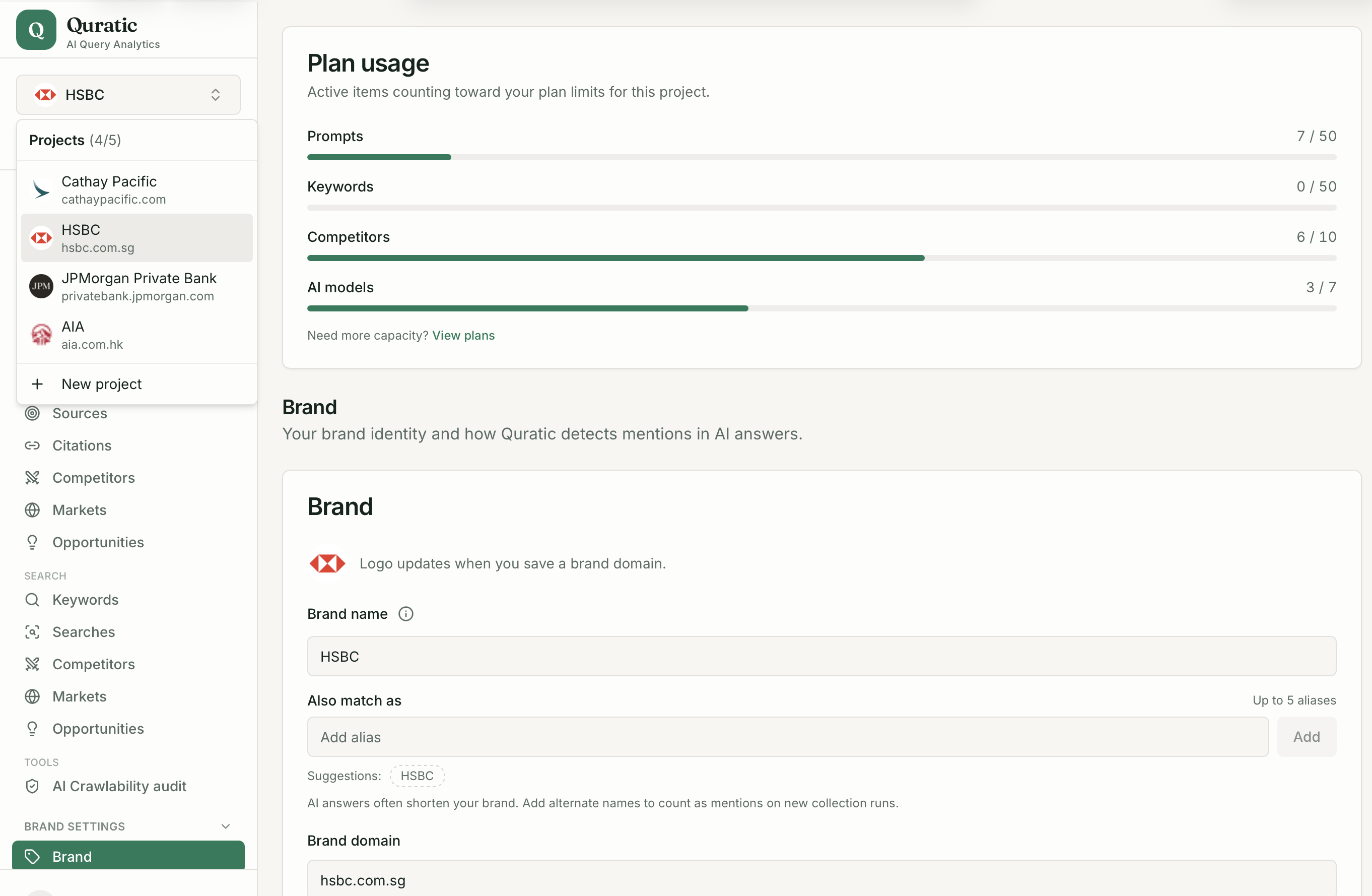 Quratic sidebar showing agency organization name, plan badge, and project switcher listing multiple client brand names