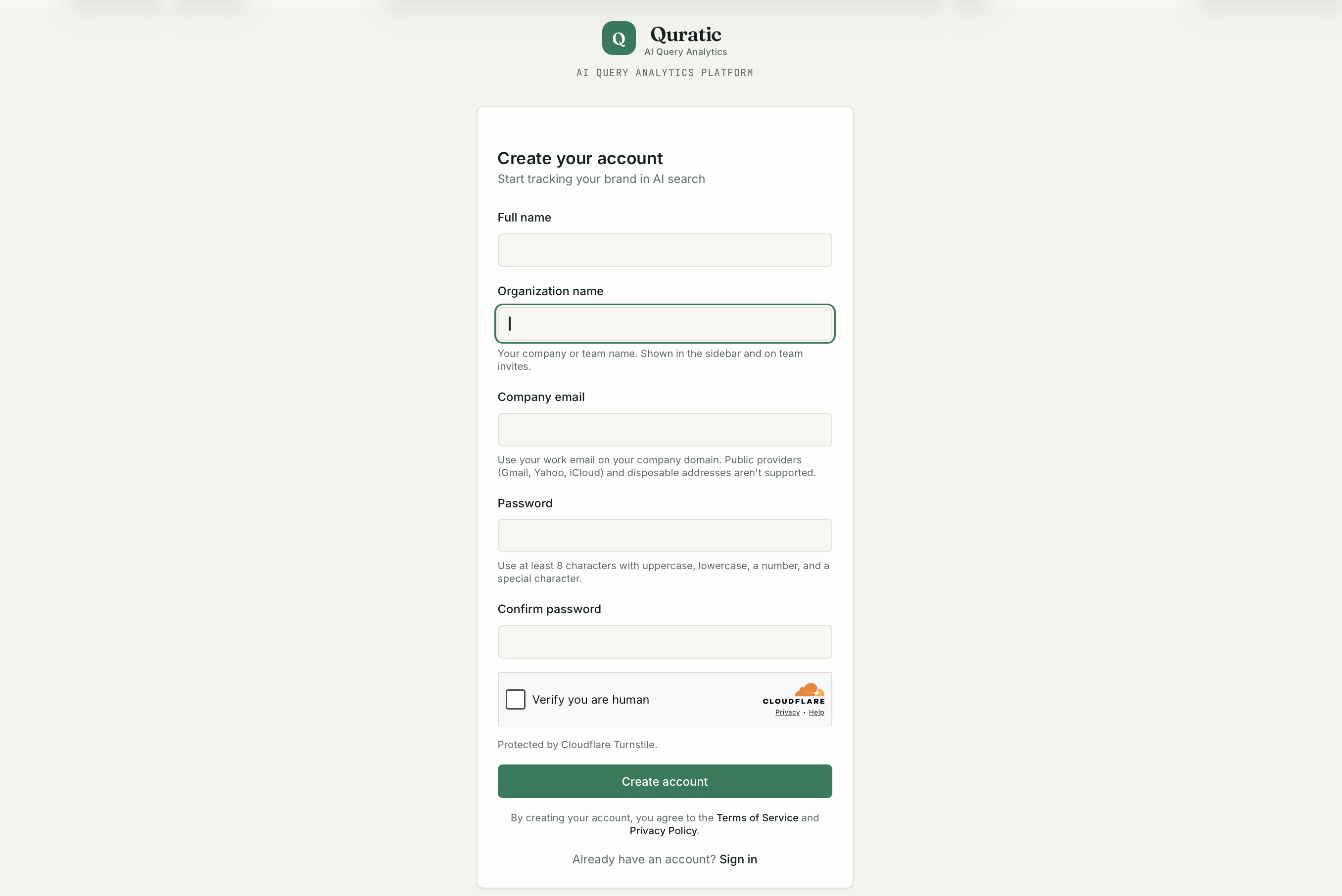 Signup form showing organization name field (agency name) and first project brand name and domain
