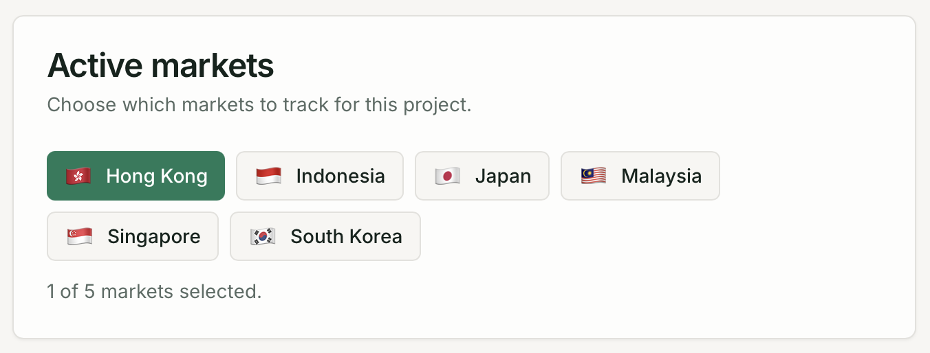 Brand Settings Markets page showing Active markets and Models sections