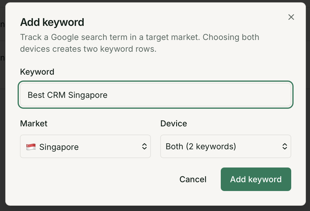 Add keyword dialog with text, market, and device fields