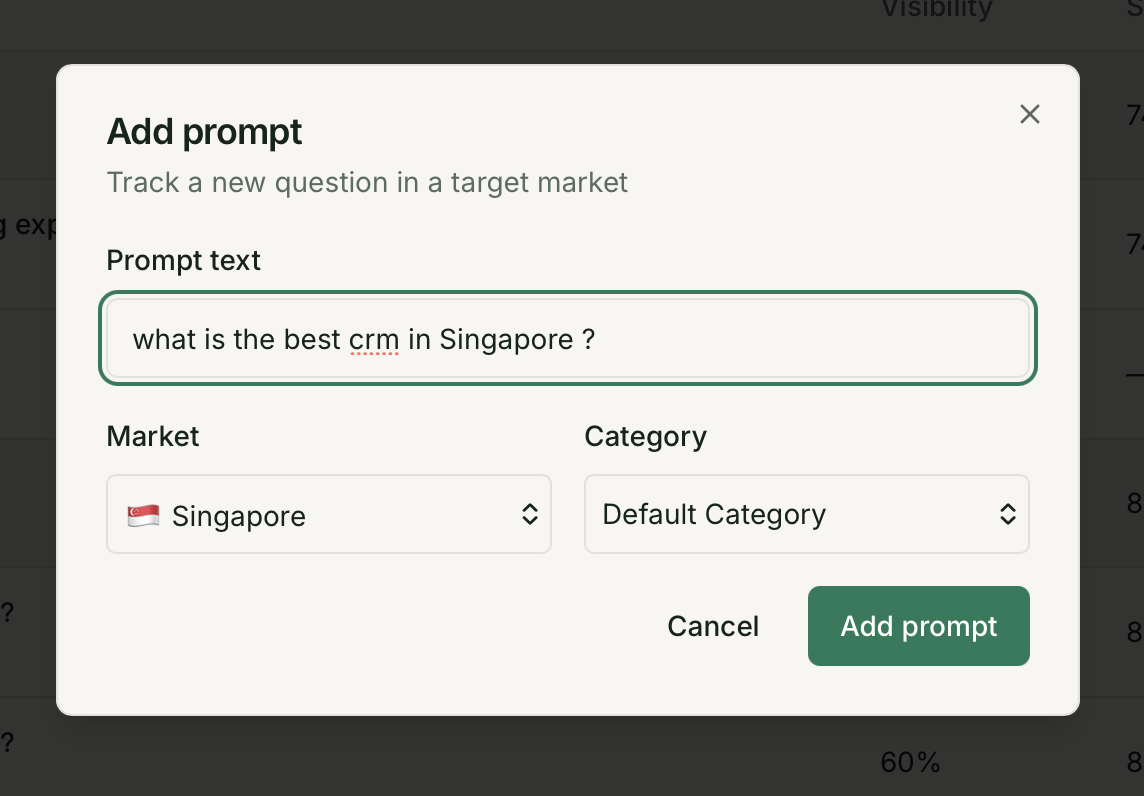 Add prompt dialog with text, market, and category fields