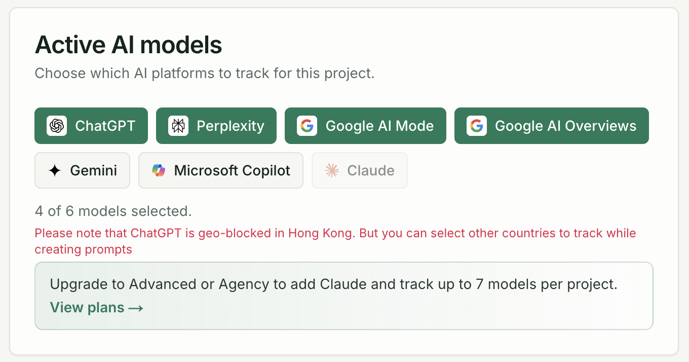 Brand Settings Models page showing toggle switches for each AI platform