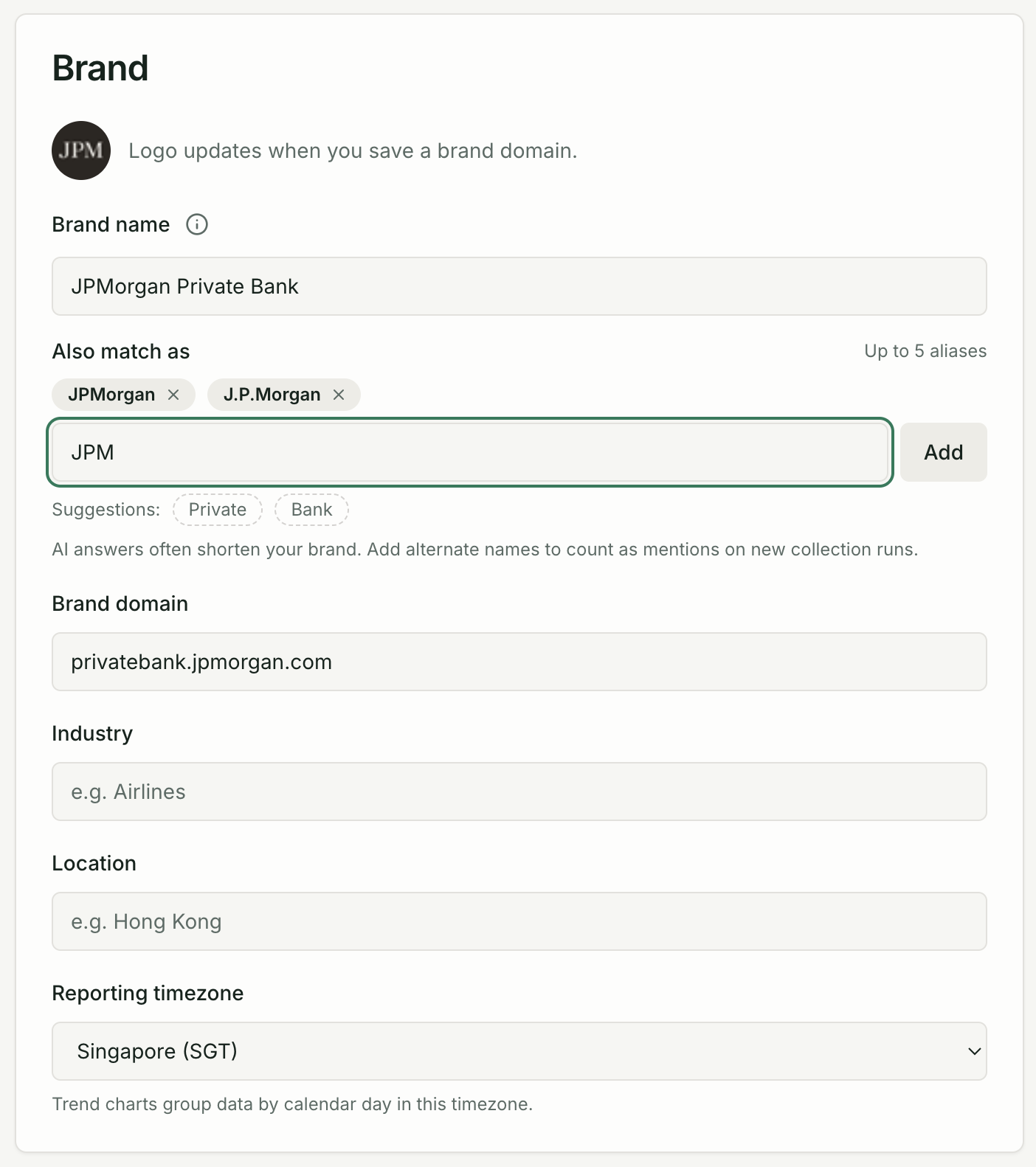 Brand Settings Brand page — add brand aliases
