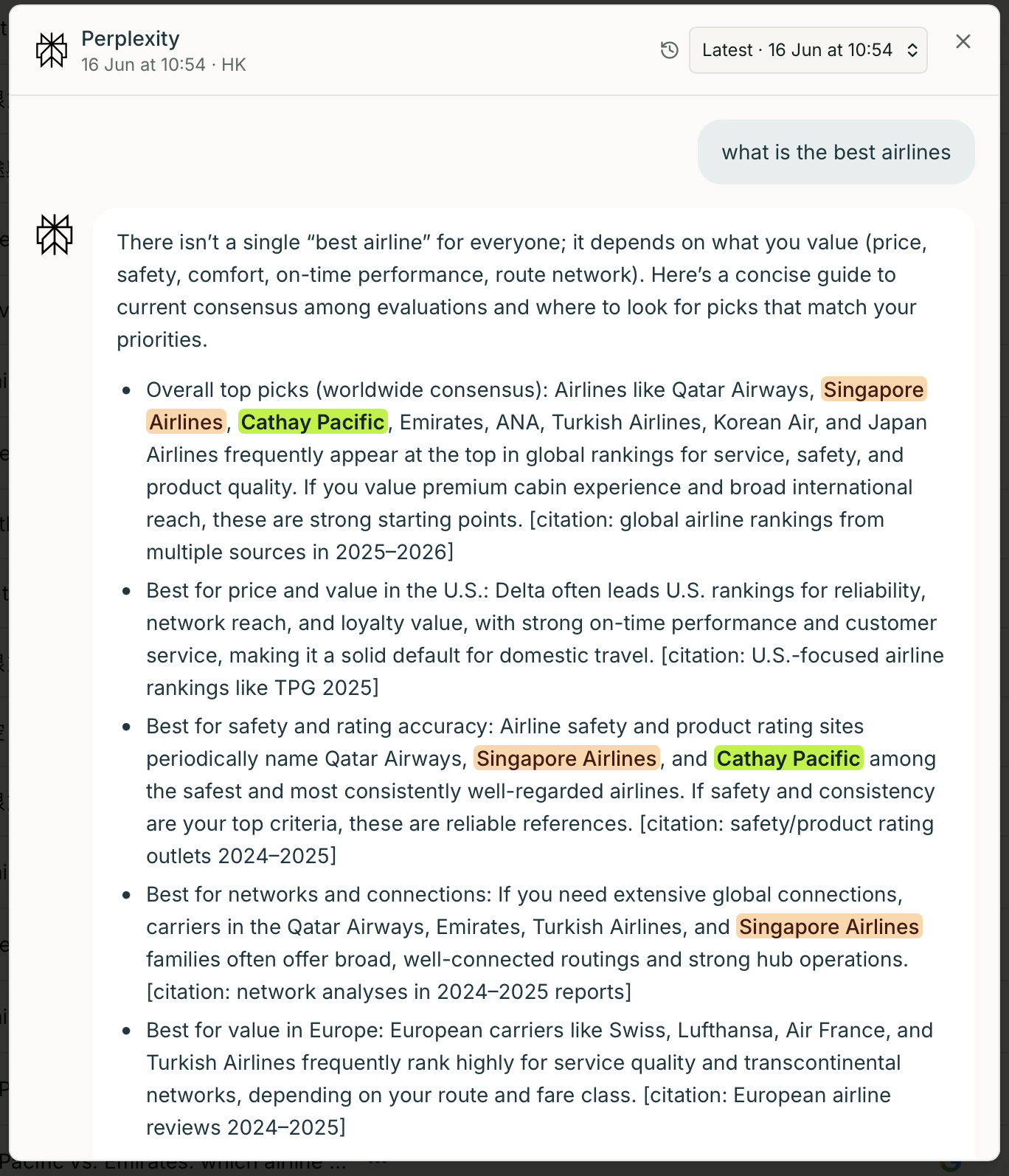 Response viewer dialog showing the AI platform interface style, full prompt, complete AI response, citation links, and response history selector