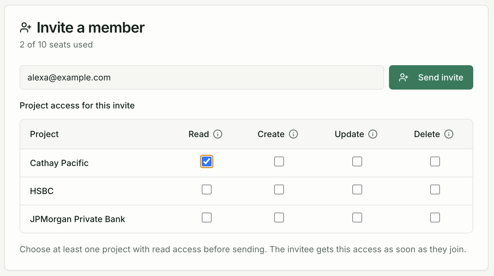 Members page showing invite a member form with email input and seat usage indicator