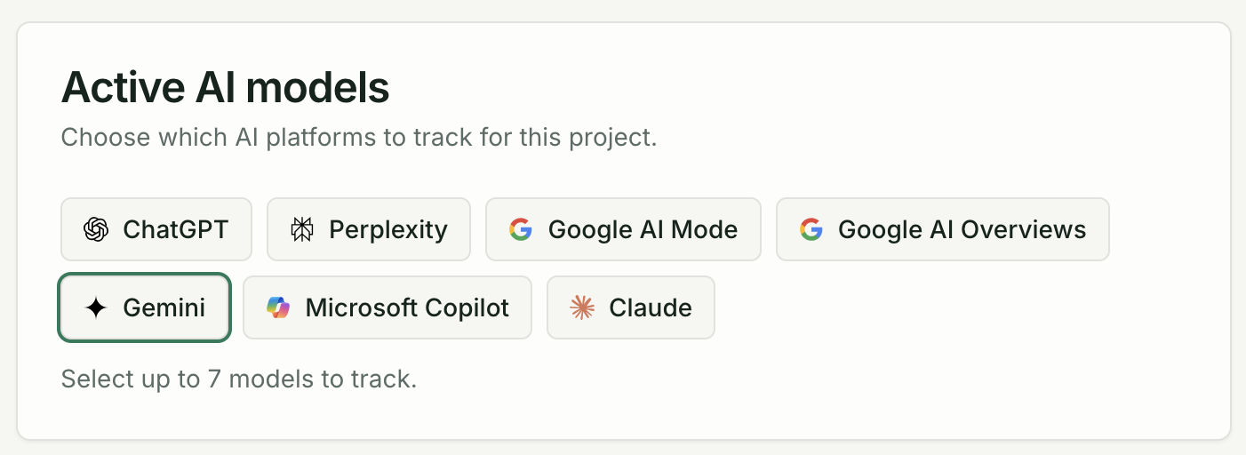 Brand Settings Models page showing all seven model toggle buttons with plan-gate indicators
