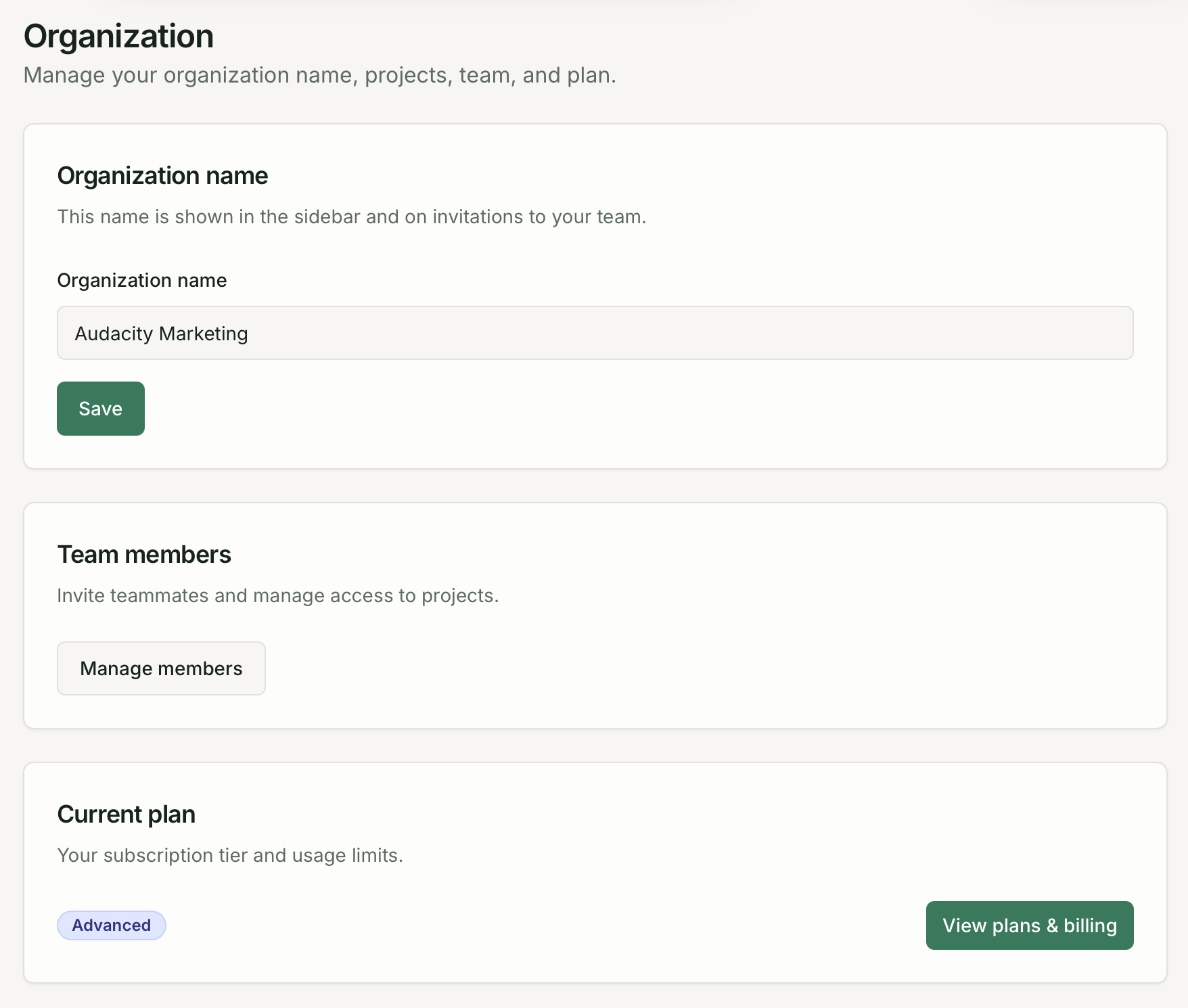 Organization settings page