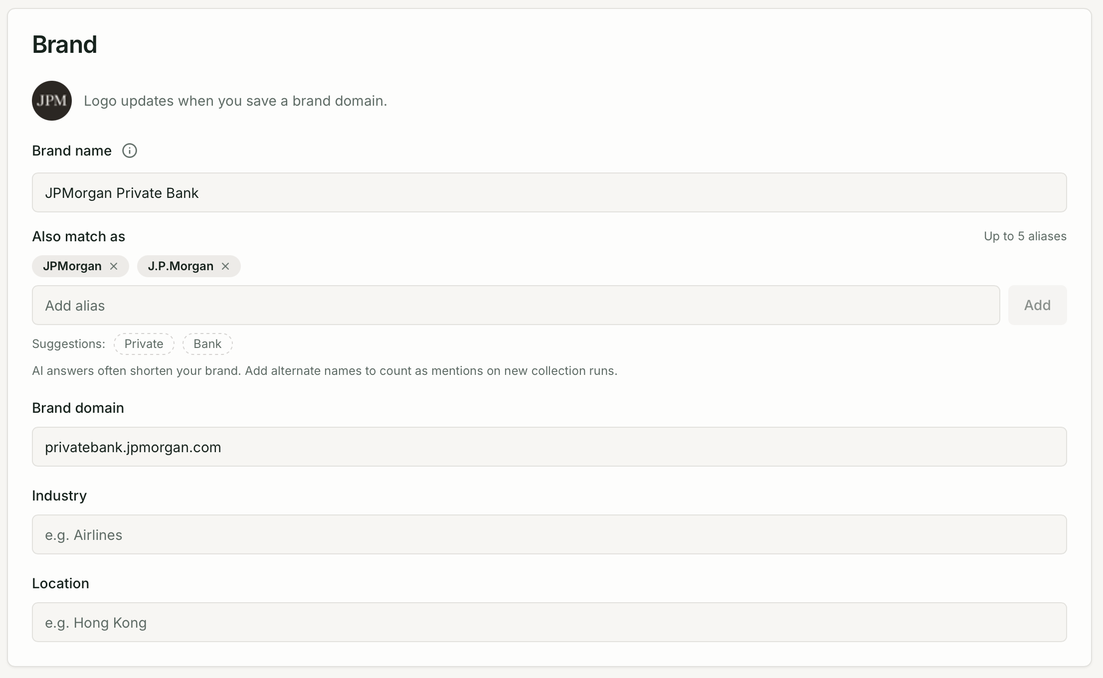 Brand Settings Brand page highlighting the Brand name field where the detection string is configured