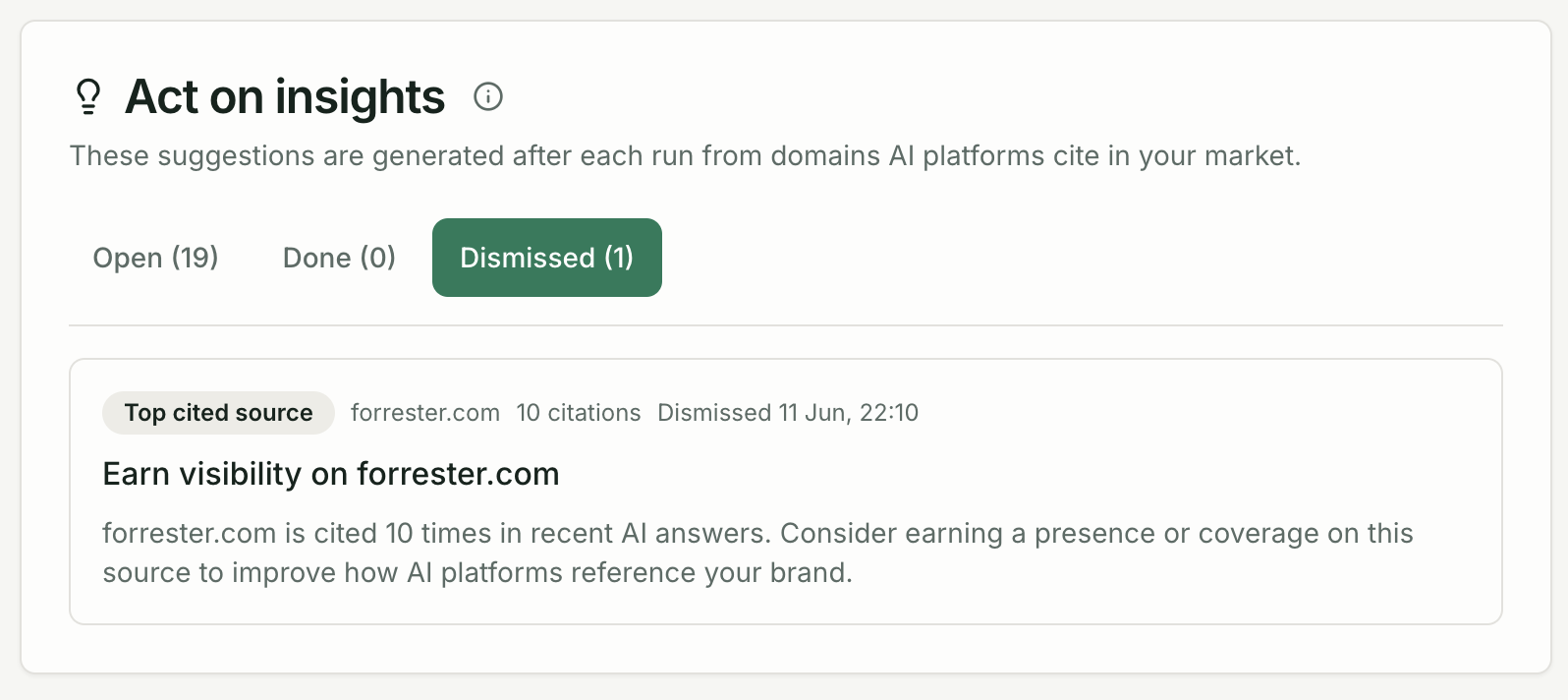 Opportunity card with lane badge, evidence panel, and Done/Dismiss buttons