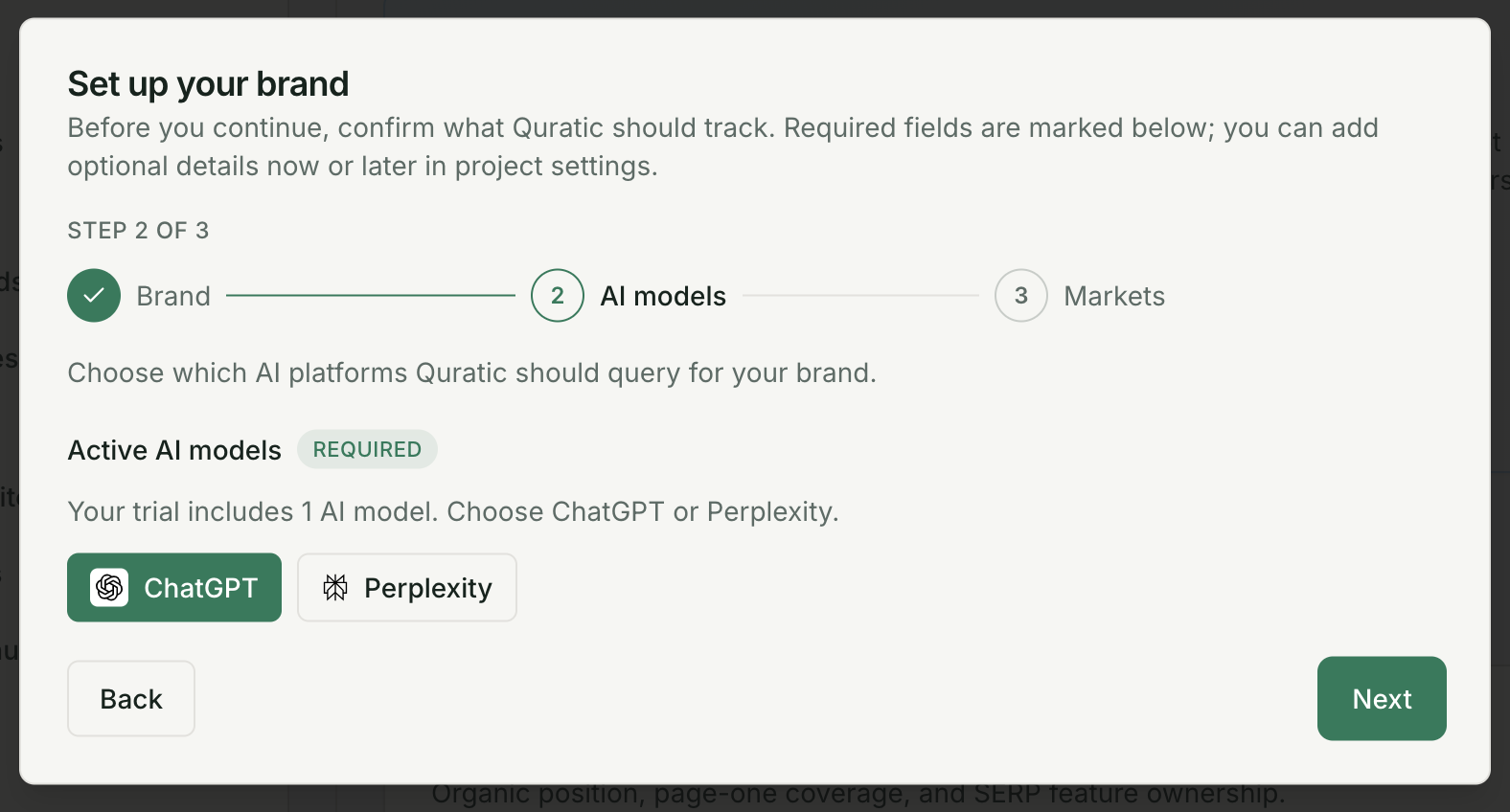AI model selection during brand setup