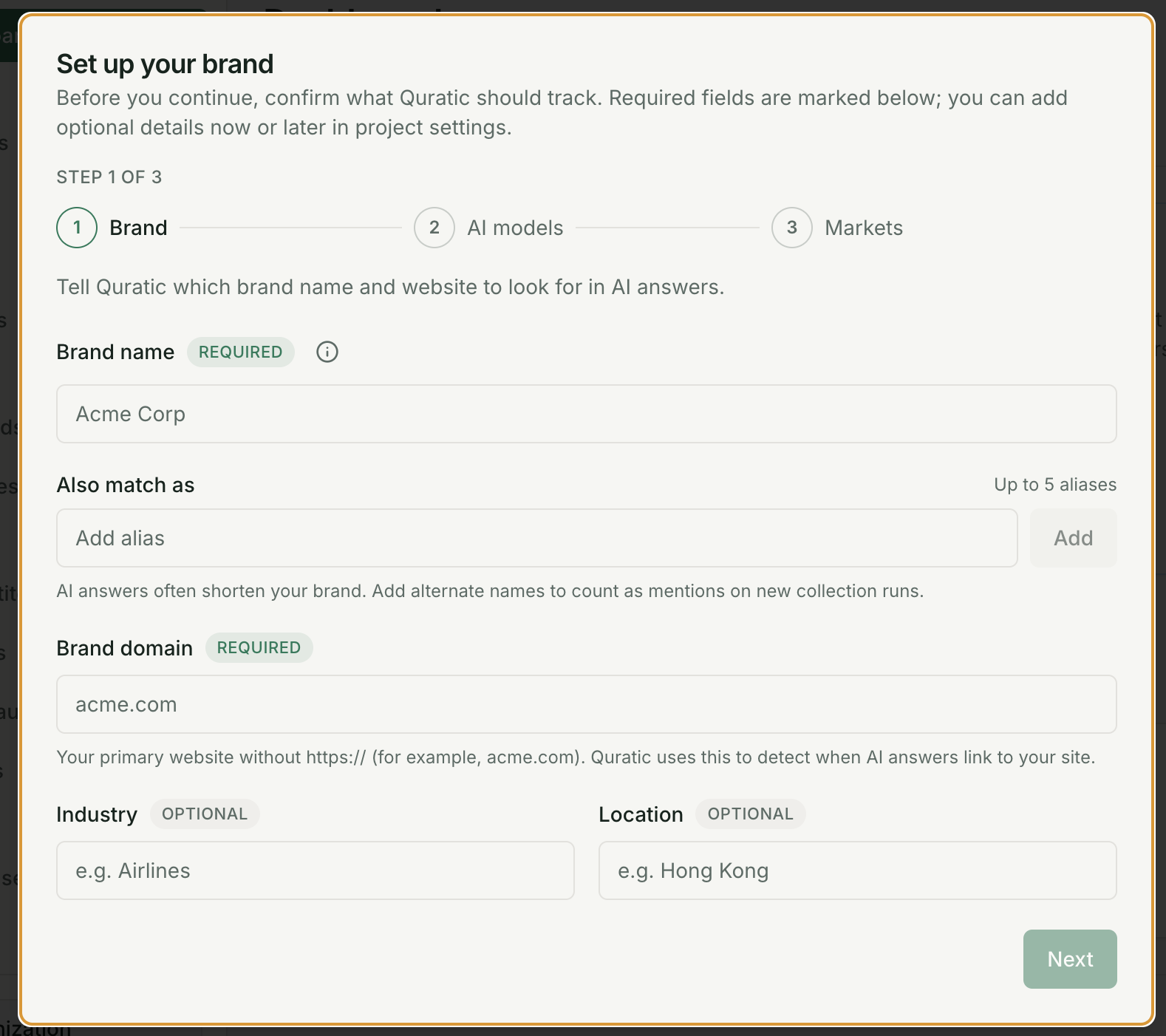 Brand setup with brand name and domain fields